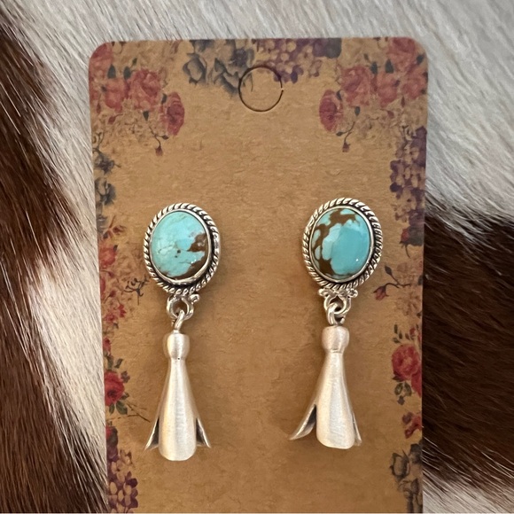 ❤️ #8 Turquoise Matte 925 Navajo Style Dangle Squash Blossom Earrings 1.41”L - Picture 3 of 11